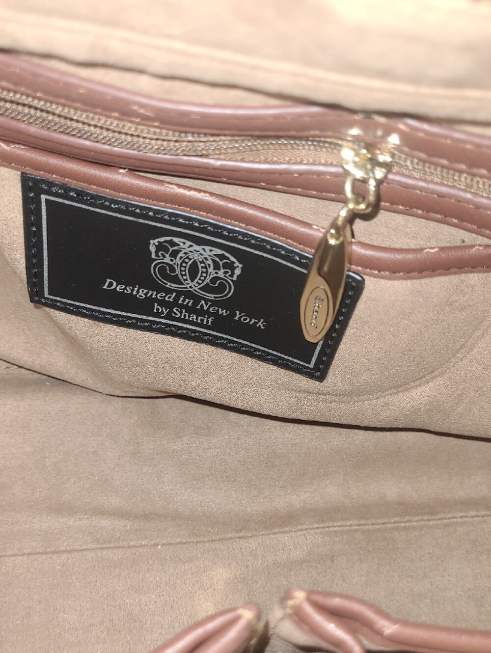 Sharif Taupe and Cream Embroidered Satchel with Gold Accents Callout In Photos - Picture 11 of 15